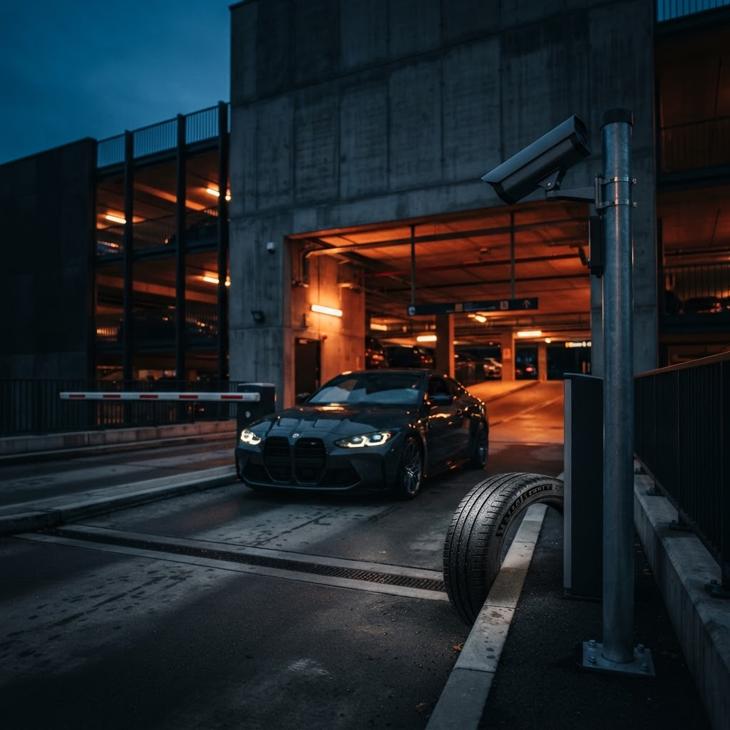A car approaching a parking garage entry lane with a lowered gate arm and a camera unit aimed at its tire
