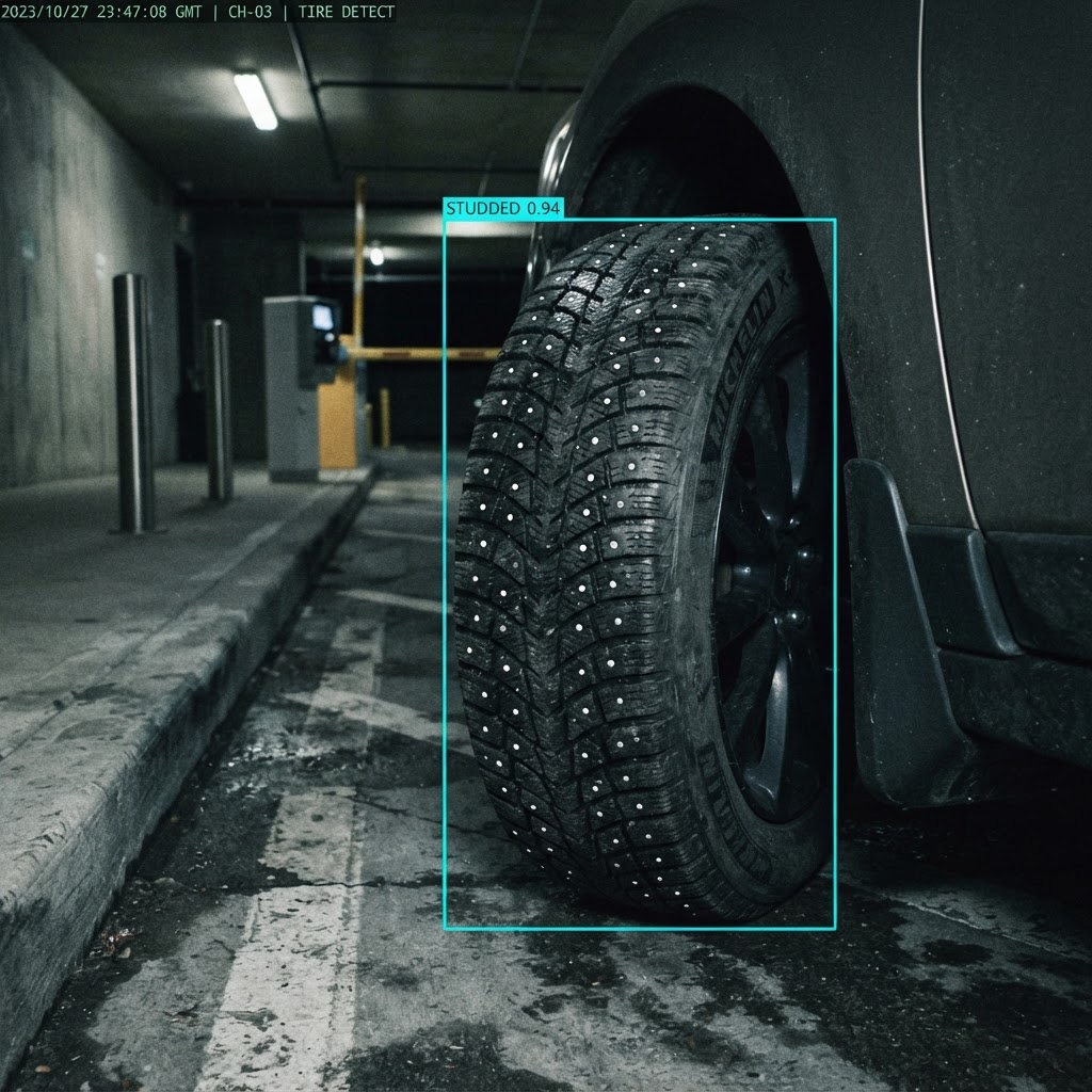 Annotated detection frame showing a car tire at a garage entry lane with a bounding box labeled STUDDED and a confidence score